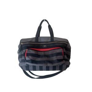 Fossil Gray Black Striped Duffle Bag Travel Light Cosmetic Signs of Use